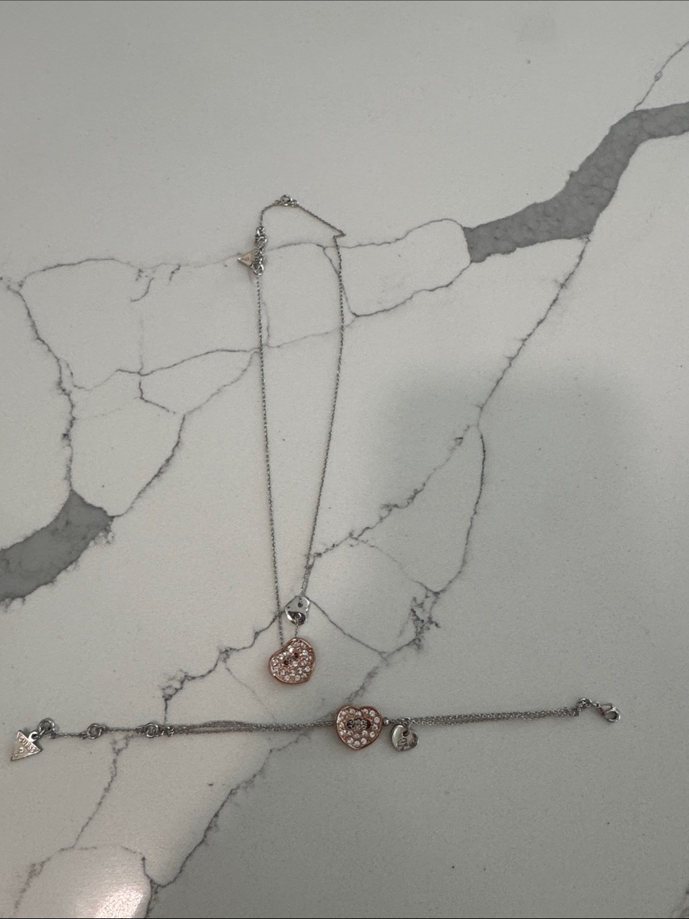 Guess Heart Crystal Pendant Necklace and Bracelet Set - Rose Gold Hearts